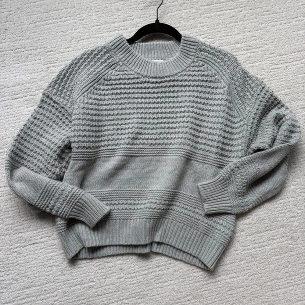 Gray Waffle Chunky Knit Raglan Crewneck Sweater L Casual Cabincore Cozy Outdoor‎